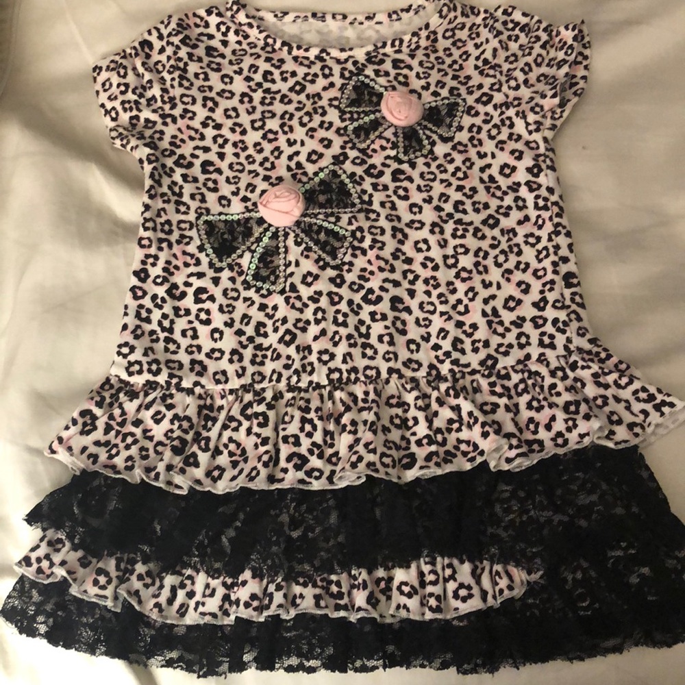 Girls LEOPARD lace SEQUIN roses bows top shirt w matching leggings outfit - 4